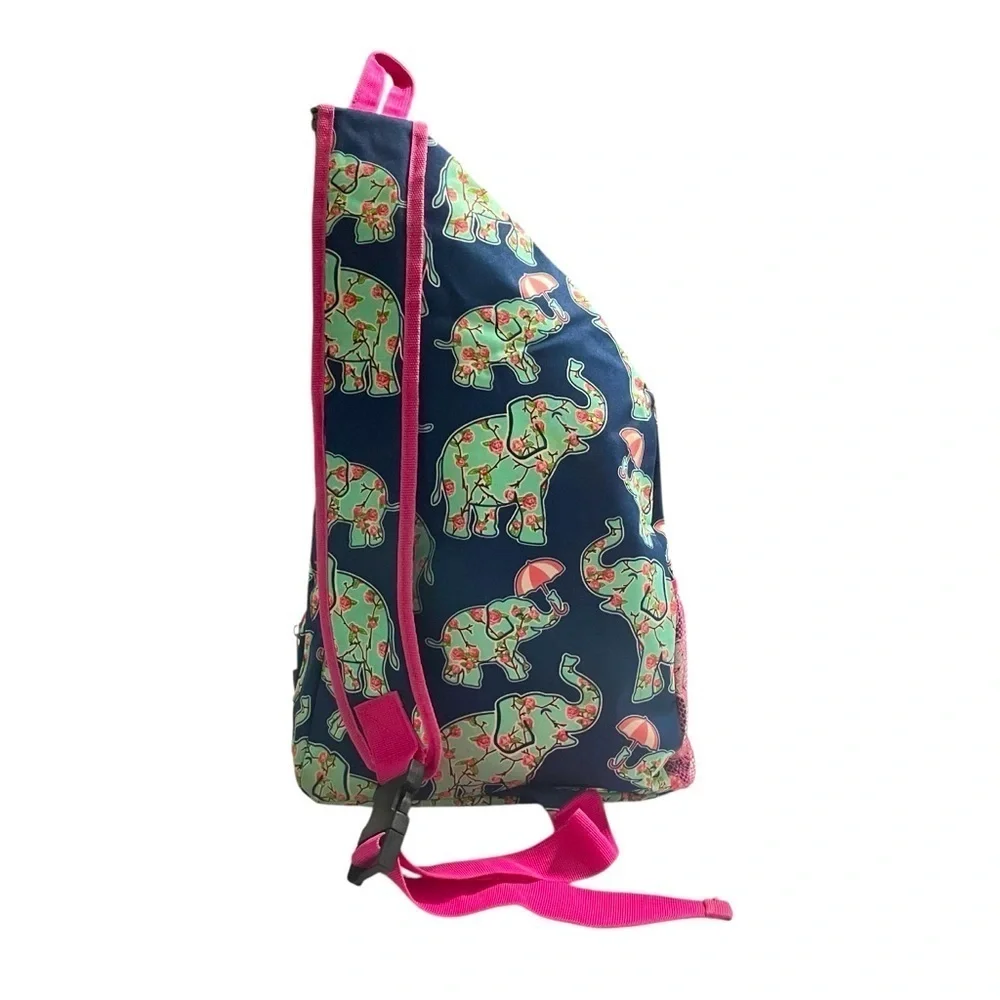 N.Gil Cute Elephant Print Sling Backpack Navy Pink Canvas Crossbody Travel Bag